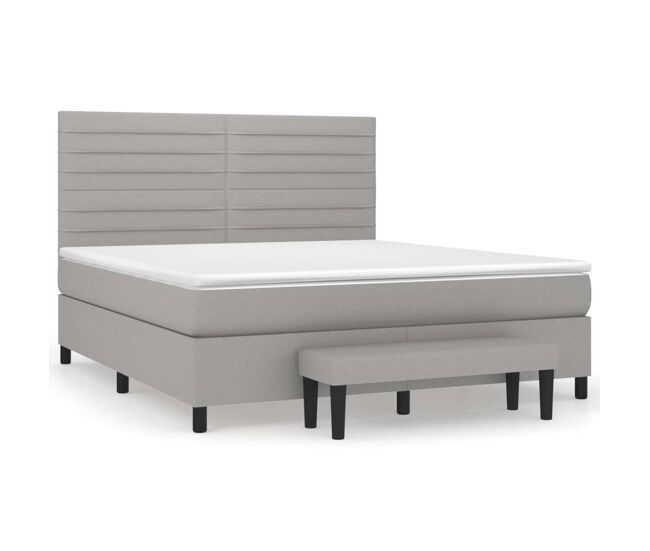 Cama box spring con colchón tela gris claro 180x200 cm rayas horizontales