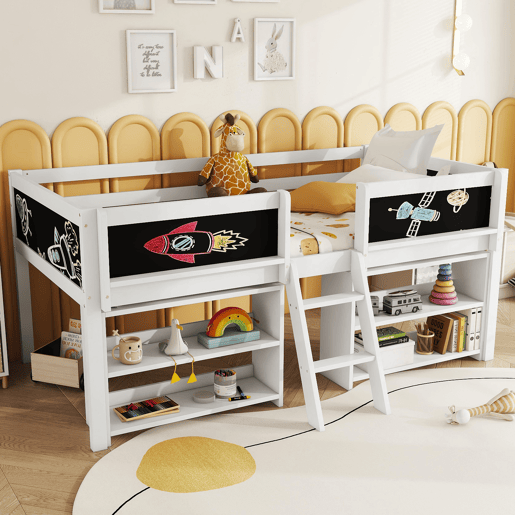 Cama de criança 90x200cm em madeira maciça - várias prateleiras - Branco (colchão não incluído)
