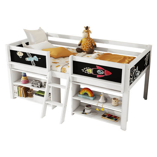 Cama de criança 90x200cm em madeira maciça - várias prateleiras - Branco (colchão não incluído)