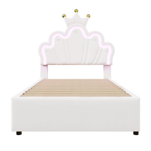 Cama de criança estofada 90x200 cm - com LED e 2 gavetas - Branco