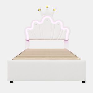 Cama de criança estofada 90x200 cm - com LED e 2 gavetas - Branco