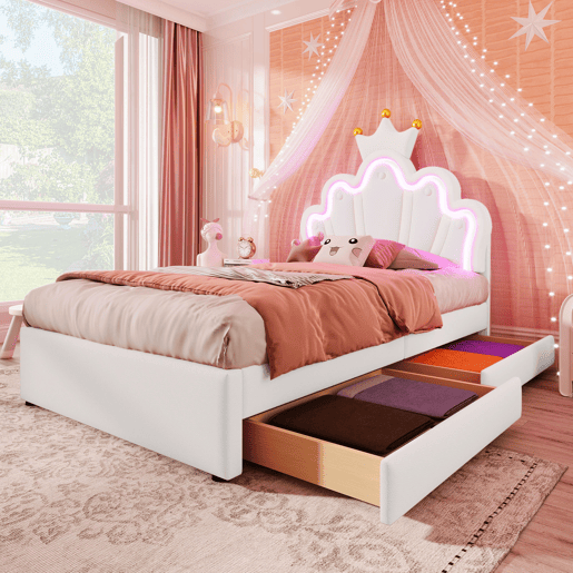 Cama de criança estofada 90x200 cm - com LED e 2 gavetas - Branco