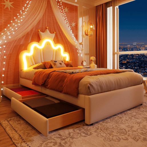 Cama de criança estofada 90x200 cm - com LED e 2 gavetas - Branco