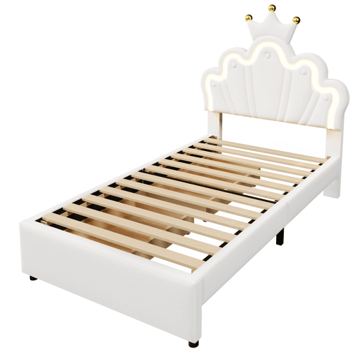 Cama de criança estofada 90x200 cm - com LED e 2 gavetas - Branco