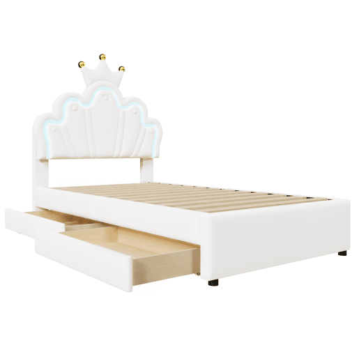 Cama de criança estofada 90x200 cm - com LED e 2 gavetas - Branco