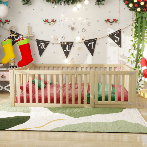 Cama infantil 140x200cm de madera maciza con barrera de seguridad - Natural