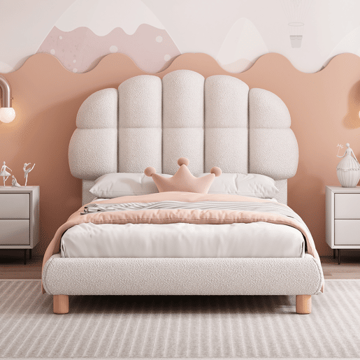 Cama de solteiro para criança 90x200cm estofada em tecido felpudo francês - cabeceira em forma de marshmallow - com estrado de ripas em MDF - Branco