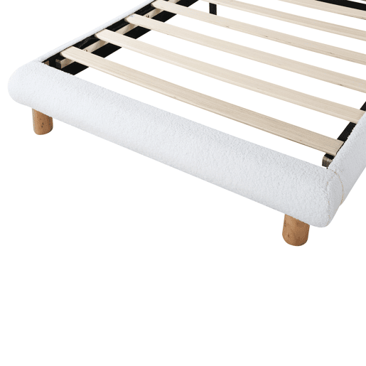 Cama de solteiro para criança 90x200cm estofada em tecido felpudo francês - cabeceira em forma de marshmallow - com estrado de ripas em MDF - Branco