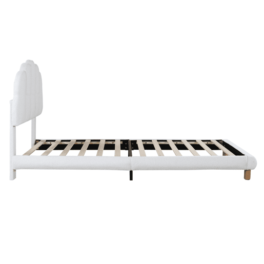 Cama de solteiro para criança 90x200cm estofada em tecido felpudo francês - cabeceira em forma de marshmallow - com estrado de ripas em MDF - Branco