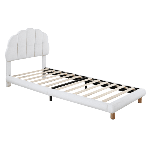 Cama de solteiro para criança 90x200cm estofada em tecido felpudo francês - cabeceira em forma de marshmallow - com estrado de ripas em MDF - Branco