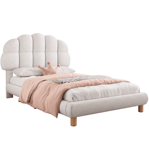 Cama de solteiro para criança 90x200cm estofada em tecido felpudo francês - cabeceira em forma de marshmallow - com estrado de ripas em MDF - Branco
