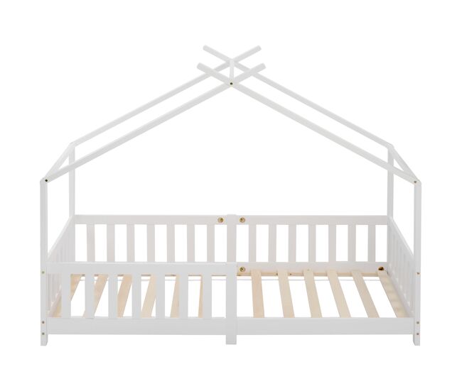 Cama infantil cabina 90x200cm de madera maciza con protección contra caídas y somier de láminas - blanco