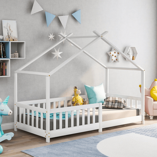Cabina-cama para crianças 90x200cm em madeira maciça com proteção anti-queda e estrado de ripas - Branco