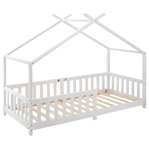Cabina-cama para crianças 90x200cm em madeira maciça com proteção anti-queda e estrado de ripas - Branco