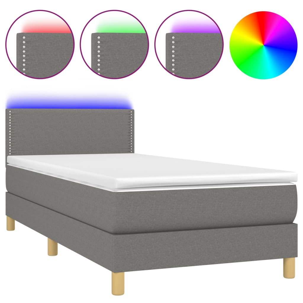 Cama box spring con colchón y led tela gris oscuro 90x200 cm liso con clavos