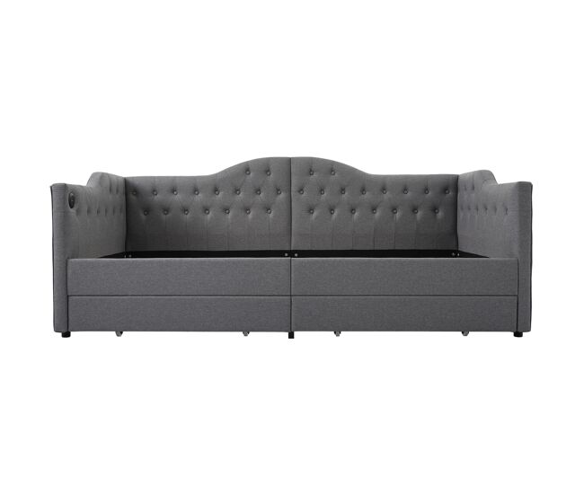 Cama individual de lino 90x190cm con 2 cajónes,gris