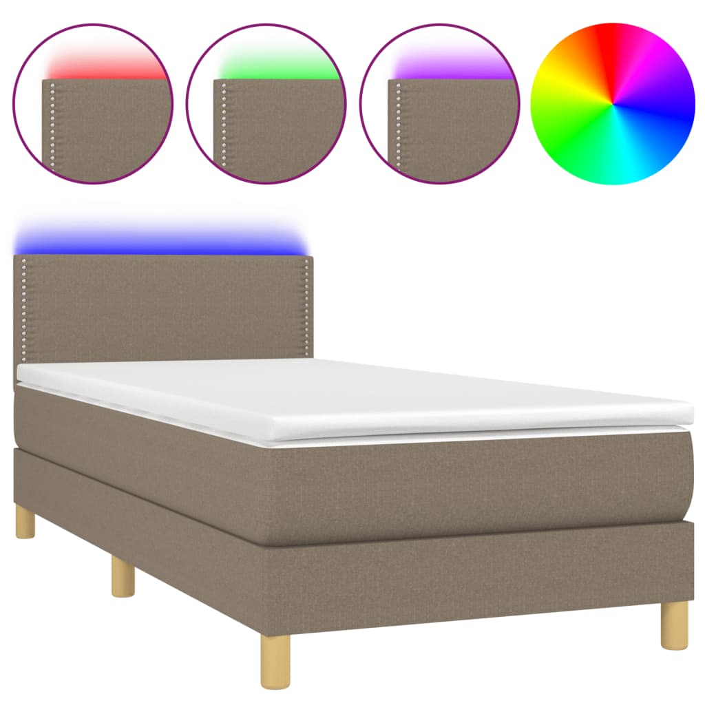 Cama box spring con colchón led tela gris taupe 90x200 cm liso con clavos