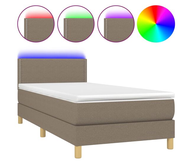 Cama box spring con colchón led tela gris taupe 90x200 cm liso con clavos