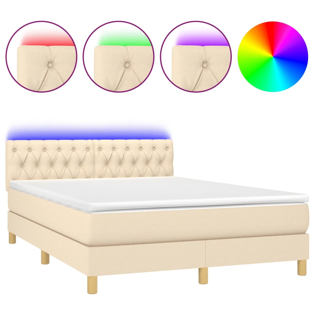 Cama box spring colchón y luces led tela crema 140x190 cm diseño de botones