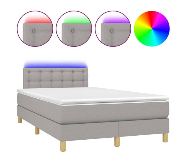 Cama box spring con colchón tela y led gris claro 120x200 cm botones