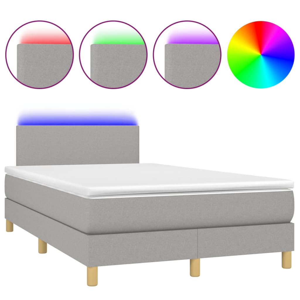 Cama box spring con colchón tela y led gris claro 120x200 cm diseño plano