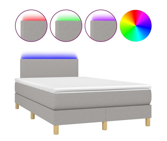 Cama box spring con colchón tela y led gris claro 120x200 cm diseño plano