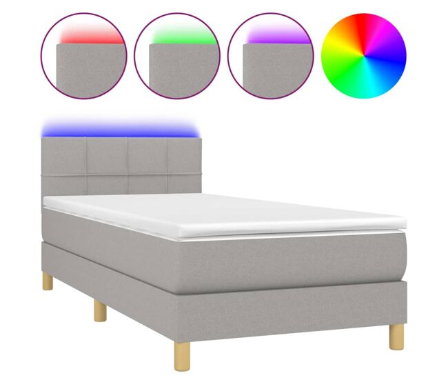 Cama box spring colchón y luces led tela gris claro 90x200 cm bloques con cuadros