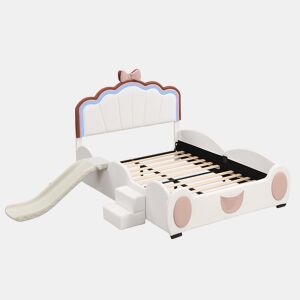 Cama de criança em pele sintética 140x200 cm - com escorrega e escada - com LED e controlo remoto - Rosa