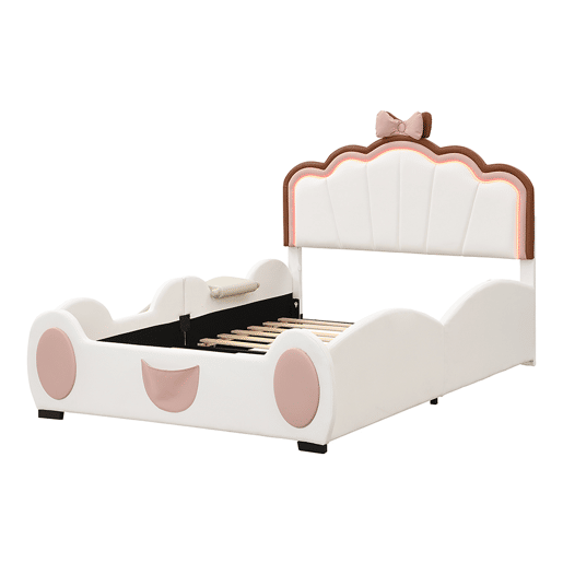 Cama de criança em pele sintética 140x200 cm - com escorrega e escada - com LED e controlo remoto - Rosa