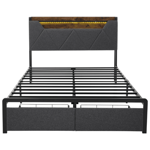 Cama com gaveta 140x200cm estofada em tecido de linho - com LED e portas de carregamento - Cinzento