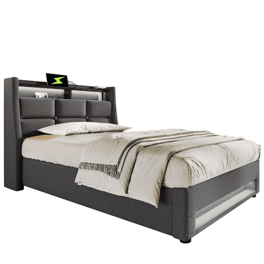 Cama de solteiro de linho 90x200cm com armazenamento,luz LED,cinzento