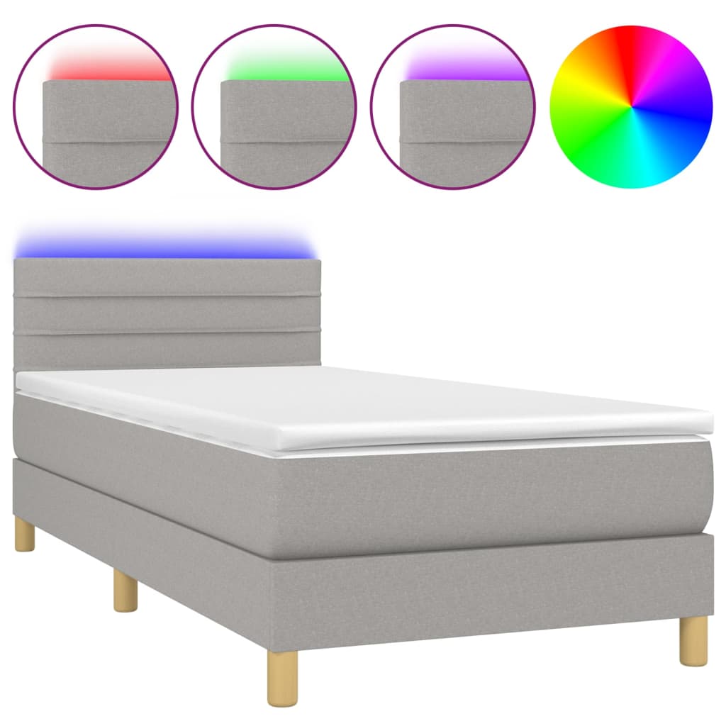 cama box spring con colchon tela y led gris claro 80x200 cm rayas horizontales