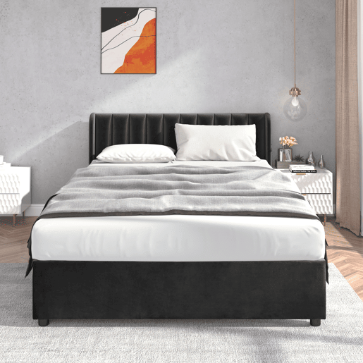 Cama 160x200cm com 2 gavetas - estofo em veludo - estilo moderno - Preto