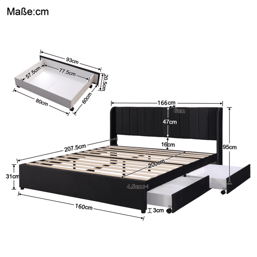 Cama 160x200cm com 2 gavetas - estofo em veludo - estilo moderno - Preto