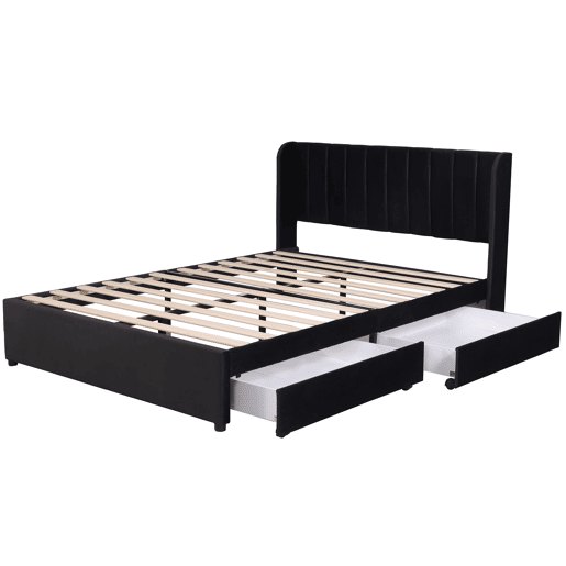 Cama 160x200cm com 2 gavetas - estofo em veludo - estilo moderno - Preto