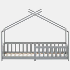 Cabina-cama para crianças 90x200cm em madeira maciça com proteção anti-queda e estrado de ripas - Cinzento