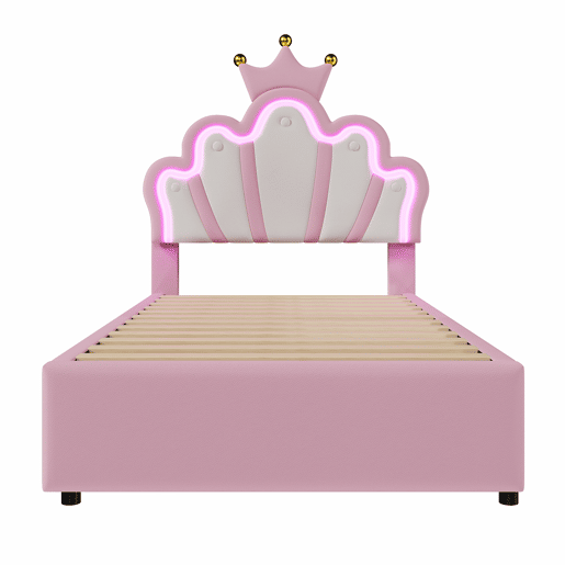 Cama de criança estofada 90x200 cm - com LED e 2 gavetas - Rosa