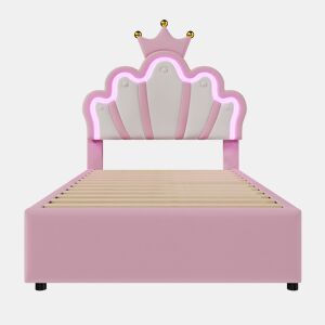 Cama de criança estofada 90x200 cm - com LED e 2 gavetas - Rosa