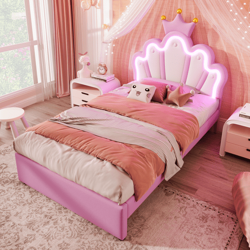 Cama de criança estofada 90x200 cm - com LED e 2 gavetas - Rosa