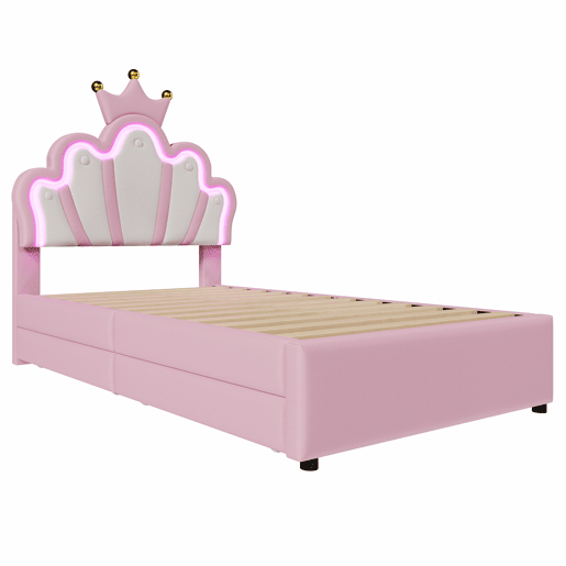 Cama de criança estofada 90x200 cm - com LED e 2 gavetas - Rosa