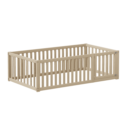 Cama de criança em madeira maciça 90x200cm com barreira de segurança - Natural