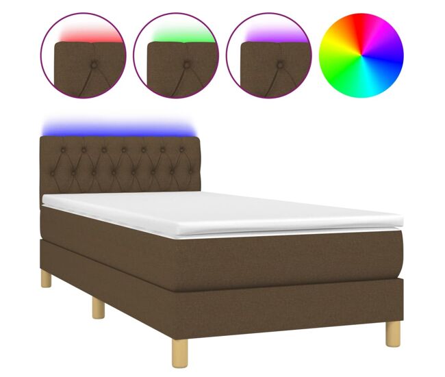 Cama box spring con colchón led tela marrón oscuro 90x200 cm diseño de botones