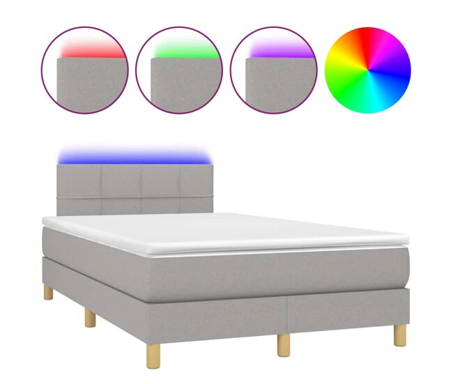 Cama box spring con colchón tela y led gris claro 120x200 cm bloques con cuadros