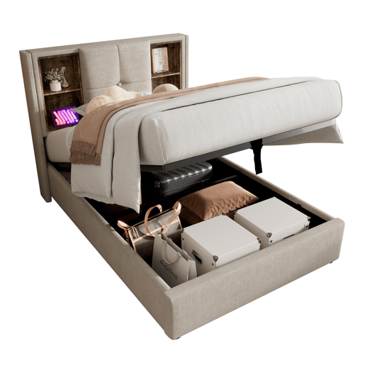 Cama de solteiro de linho 90x200cm com armazenamento,cinzento