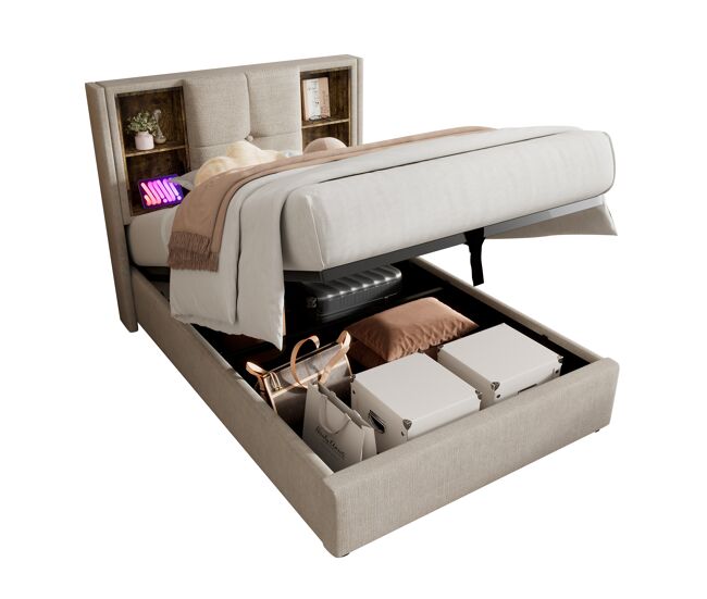 Cama individual de lino 90x200cm con almacenaje,gris