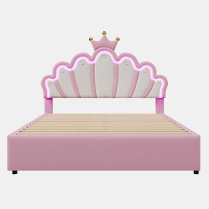 Cama de criança estofada 140x200 cm - com LED e 2 gavetas - Rosa