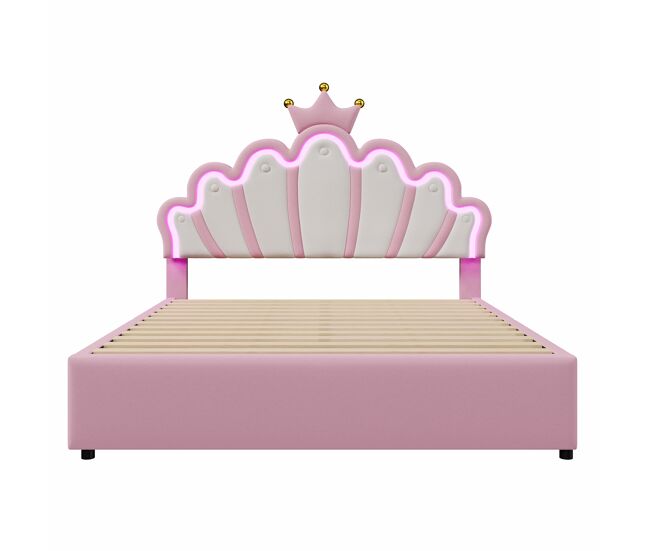 Cama infantil tapizada 140x200 cm - con led y 2 cajones - rosa