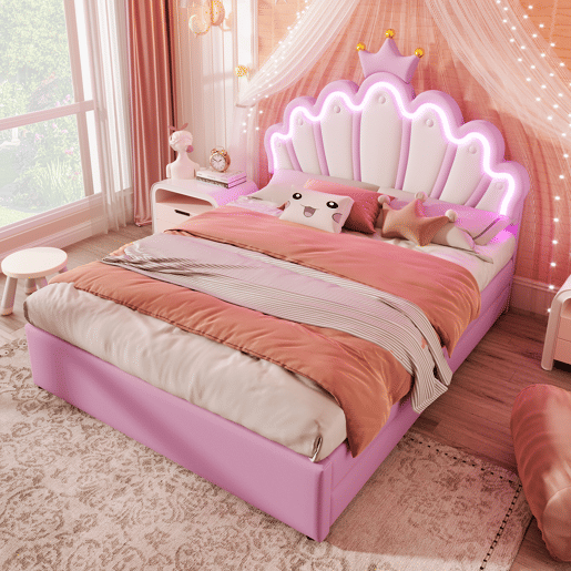 Cama de criança estofada 140x200 cm - com LED e 2 gavetas - Rosa