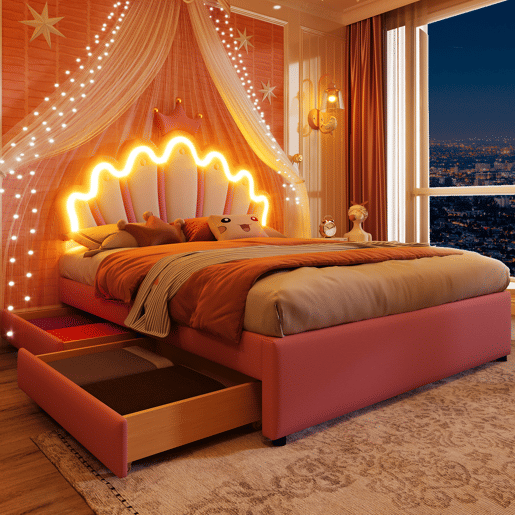 Cama de criança estofada 140x200 cm - com LED e 2 gavetas - Rosa