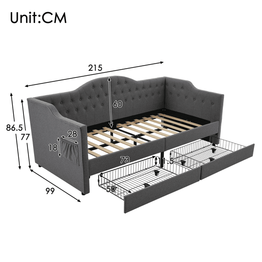 Cama de solteiro de linho 90x200cm com 2 gavetas,cinzento